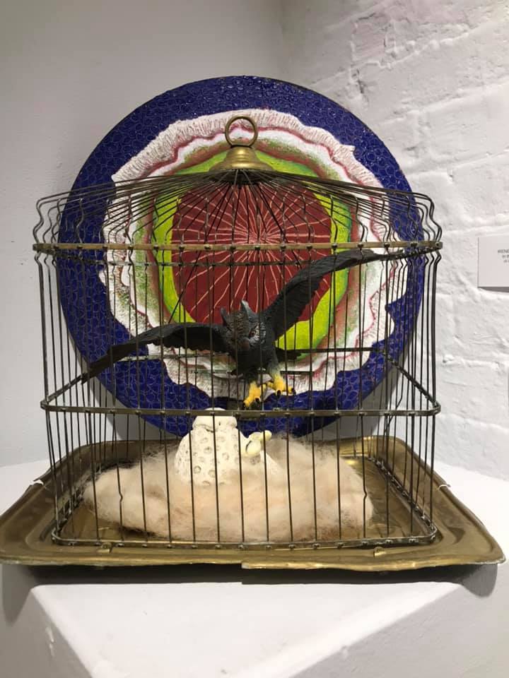 Owls_Tale_In_Deep_Water_12x12.5x10_found_objects_oil